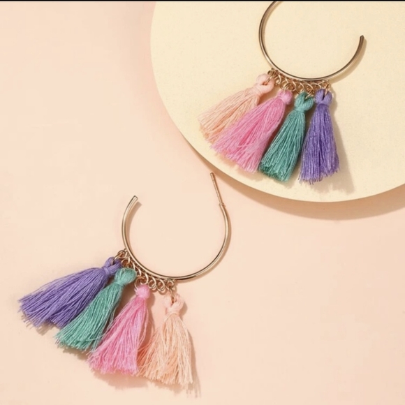Colorful Boho Tassel Cuff Hoop Earrings - Picture 3 of 4